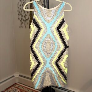 Geometric Patterned Beaded and Sequins Aztec Print Sleeveless Dress